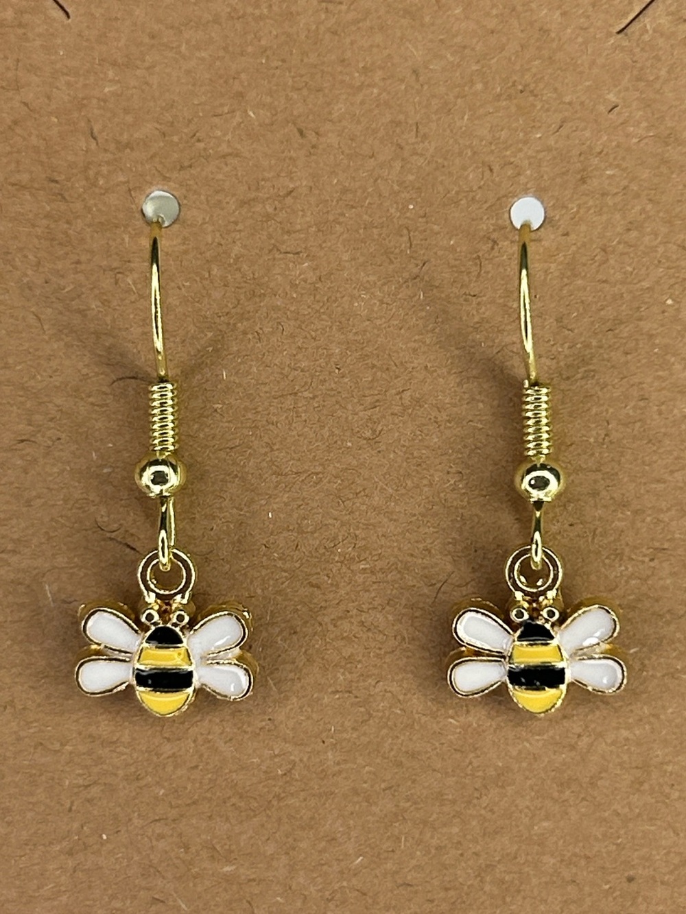 Gold Tone Bee Drop Earrings with White and Yellow Enamel Detail Fashion Jewelry